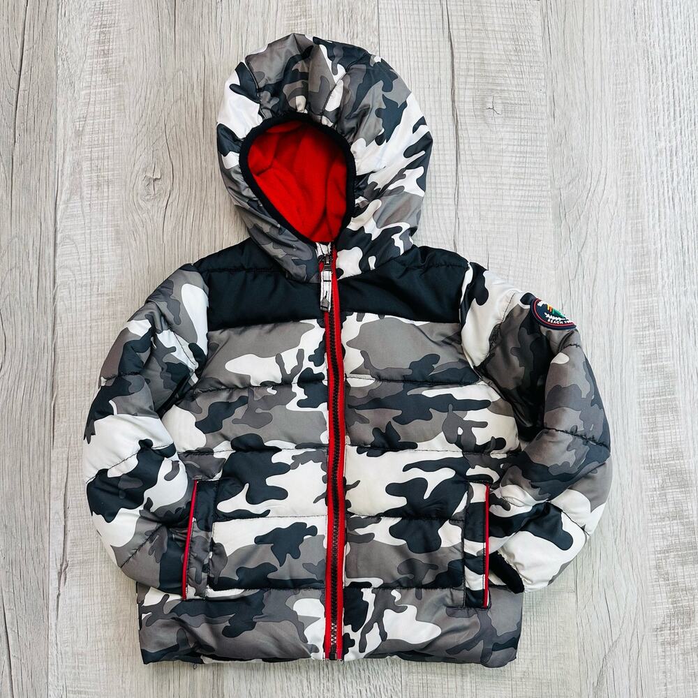Sequoia Black/White Camo Puffer w/Fleece Hood Kids 4T Full Zip Lined Outer Ware